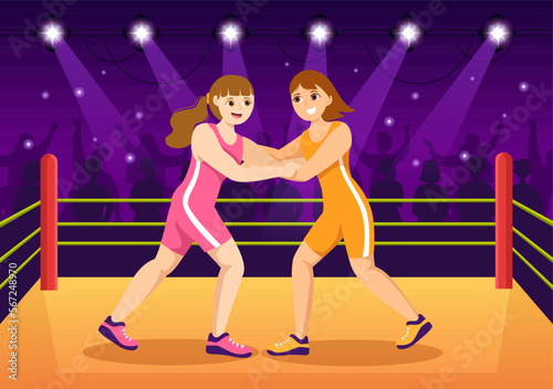 Wrestling Illustration with Two fighters Boxing Competition or Championship Sport on a Arena in Flat Cartoon Hand Drawn for Landing Page Templates © denayune
