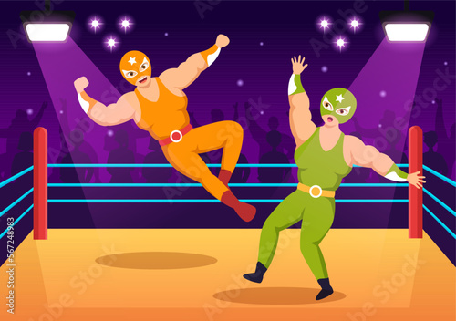 Wrestling Illustration with Two fighters Boxing Competition or Championship Sport on a Arena in Flat Cartoon Hand Drawn for Landing Page Templates