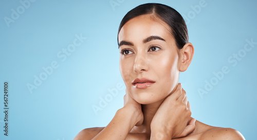 Beauty woman isolated on studio background for skincare, cosmetics or makeup with mockup space. Thinking, idea and inspiration of model or person aesthetic, dermatology or facial glow on blue mock up