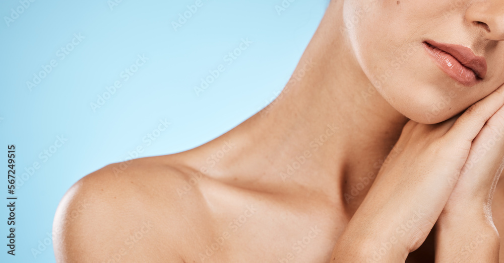 Face, sleeping and beauty skincare of woman in studio isolated on a blue background. Resting, makeup and cosmetics of female model with healthy, glowing and flawless skin after spa facial treatment. Face, sleeping and beauty skincare of woman in studio isolated on a blue background. Resting, makeup and cosmetics of female model with healthy, glowing and flawless skin after spa facial treatment.