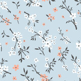 Vector seamless pattern of small flowers and twigs, floral seamless pattern, seamless pattern of white and red flowers on a blue background for packaging or fabric.