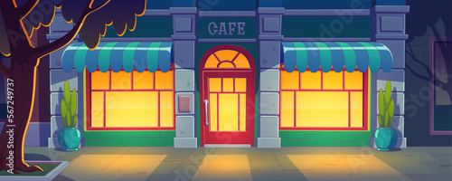 Cafe, restaurant or coffee shop exterior. City street with building with cafeteria facade with glass door and windows at night, vector illustration in contemporary style