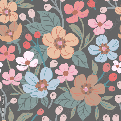 Floral patterns of blue and beige, brown and pink flowers and berries on a light brown background. Cute floral aesthetic composition for wallpaper, print, poster, postcard.