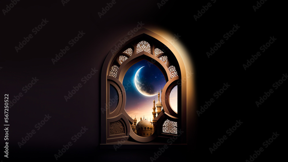 3D Render Of Beautiful Mosque With Realistic Crescent Moon Inside Mosaic Window On Night Background. Islamic Religious Concept. 3D Render Of Beautiful Mosque With Realistic Crescent Moon Inside Mosaic Window On Night Background. Islamic Religious Concept.