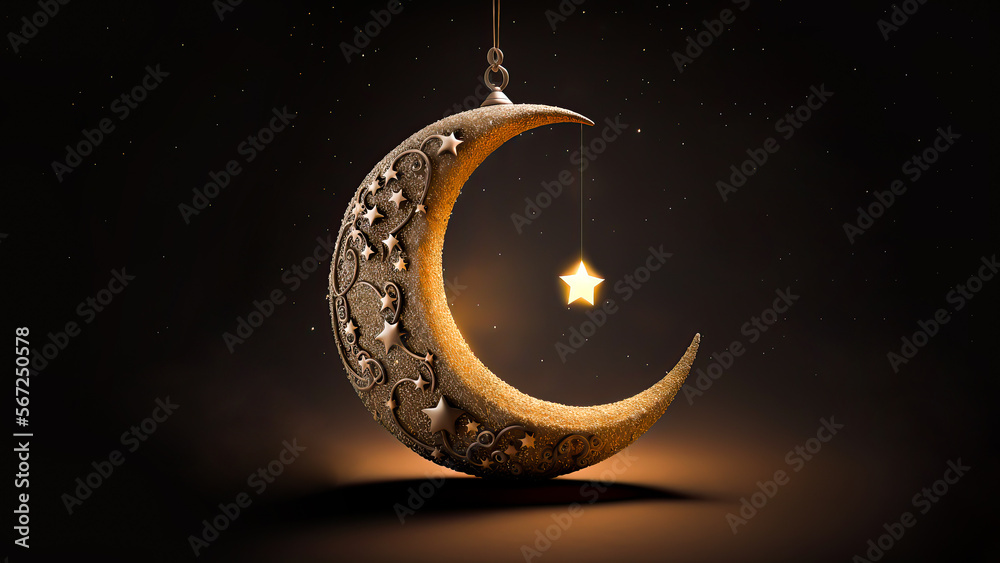 3D Render of Beautiful Carved Moon With Hanging Shiny Star On Dark Background. Islamic Religious Concept. 3D Render of Beautiful Carved Moon With Hanging Shiny Star On Dark Background. Islamic Religious Concept.