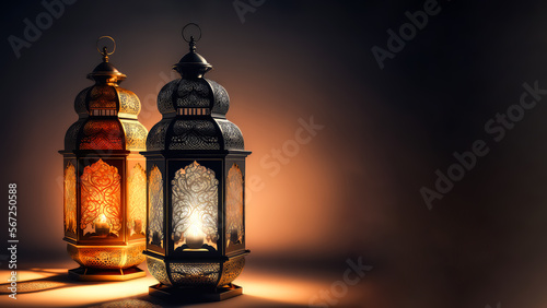 Realistic Illuminated Arabic Lanterns On Dark Background. Islamic Religious Concept. 3D Render.