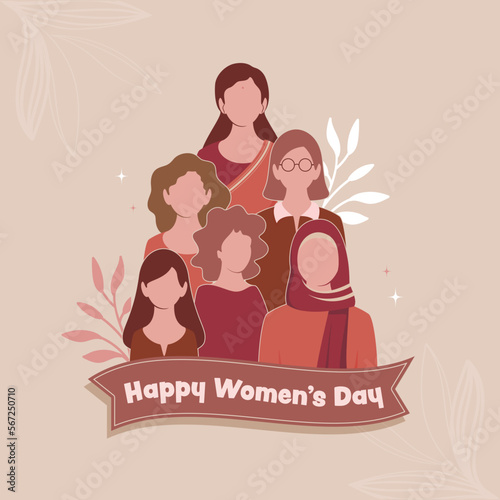 Happy Women's Day Concept With Faceless Young Women Characters Group On Pastel Brown Background.