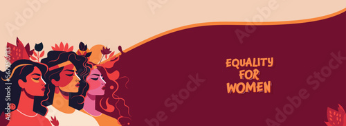 Happy Women's Day Banner Design With Three Young Girls Characters And Message Text of Equality For Women.