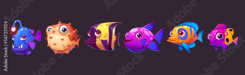 Set of cute vector cartoon fish for aquarium game. Isolated happy underwater characters. Smiling fun baby marine clipart with face and mouth. Collection of exotic angler fish and cheerful creatures.