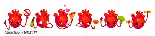 Cute heart organ cartoon character isolated set. Healthy and disease cardiological illustration alcohol, fast food or no smoking, good nutrition and make sports, concept vector icons