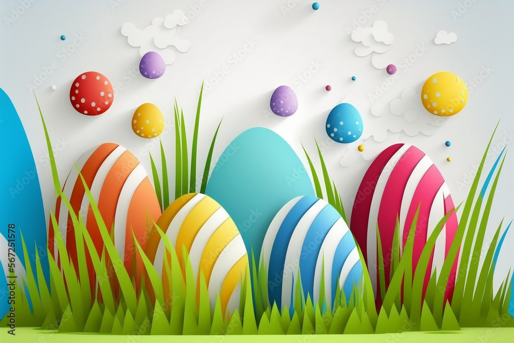 Colorful painted easter eggs, green grass and white background. Generative AI. Colorful painted easter eggs, green grass and white background. Generative AI.