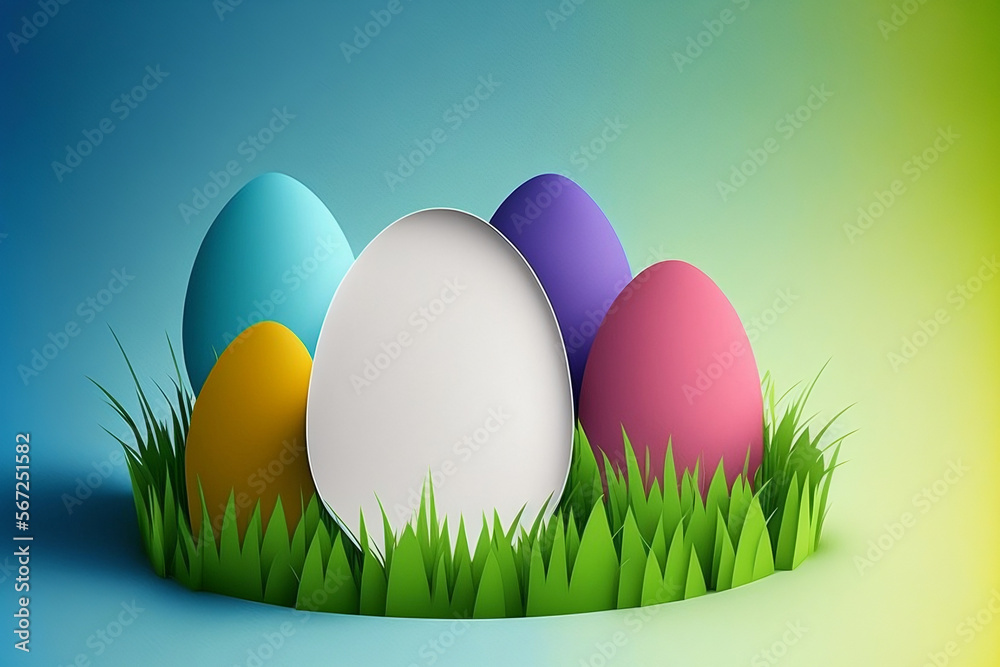 Colorful easter eggs and white backdrop with grass. Generative AI.