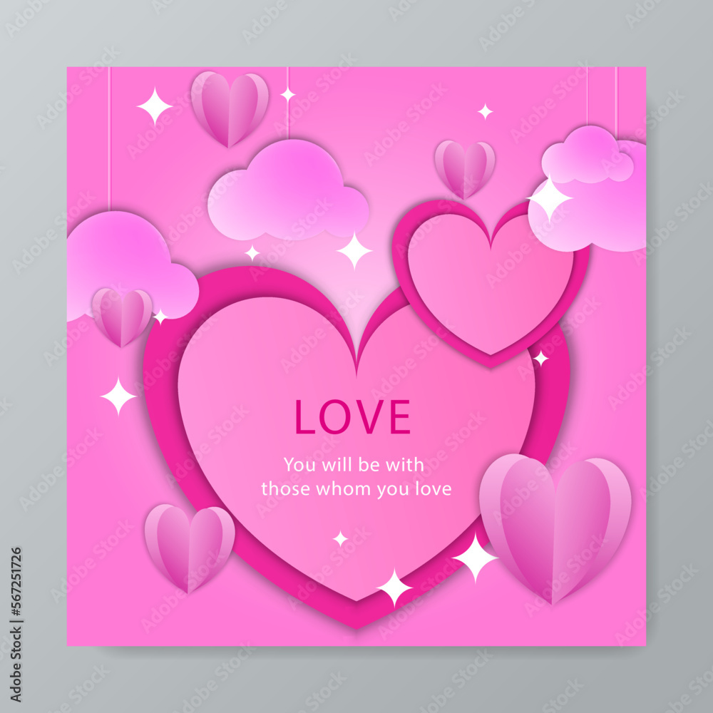 Red pink paper style valentines day celebration greeting card