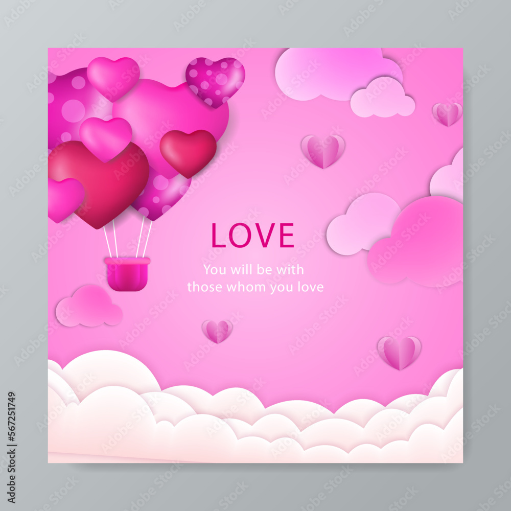 Red pink realistic valentine's day square greeting card template