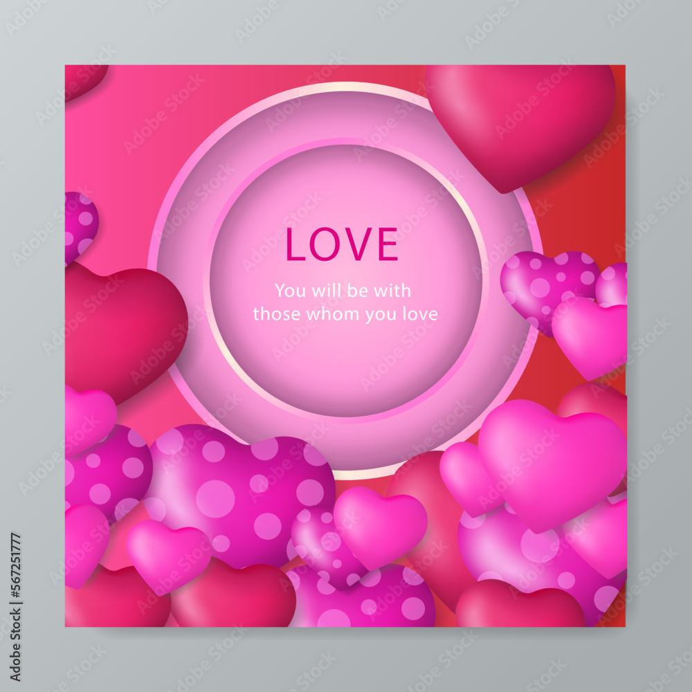 Cute pink red realistic valentine card. Vector illustration
