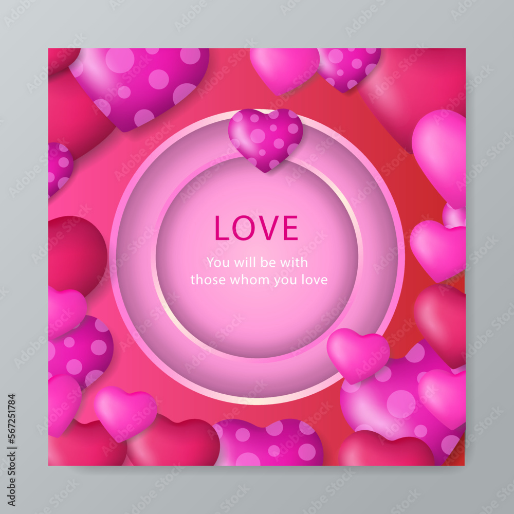Cute pink red realistic valentine card. Vector illustration