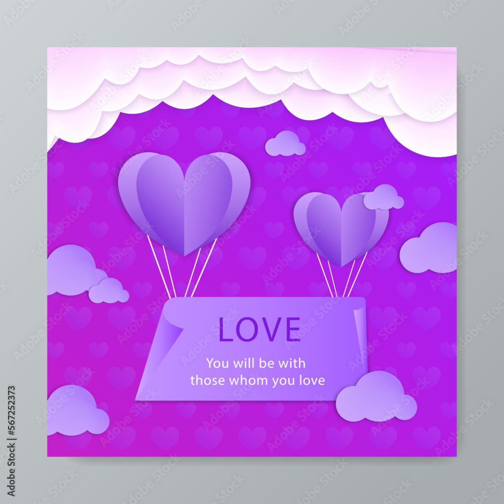 Happy valentine's day with cute purple and lovely 3d art style illustration