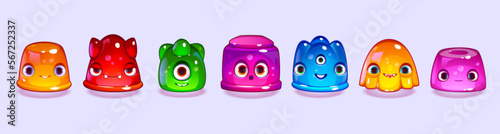 Cartoon set of cute jelly game characters isolated on background. Vector illustration of funny slime creatures with big eyes, monster teeth, different emotions. Colorful simple gel aliens smiling