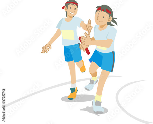 リレーでバトンパスする女子ランナーたち