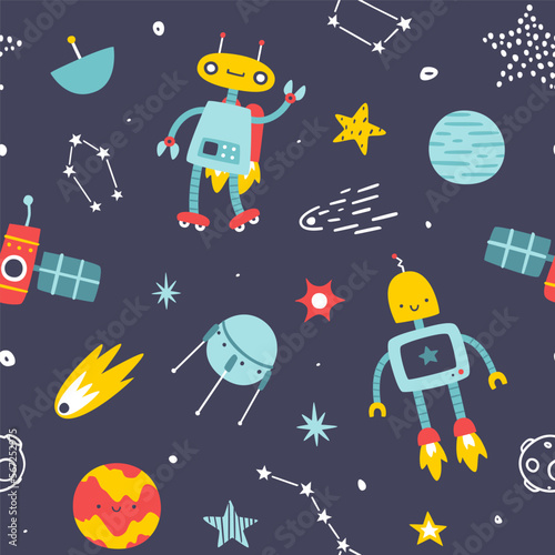 Cute space pattern with robots for kids. Seamless cosmic vector print for boys textile and fabric.
