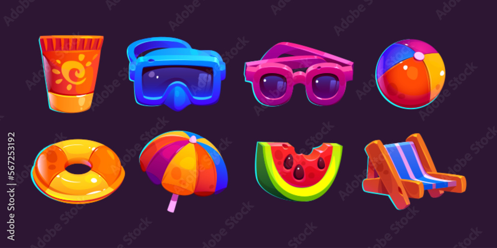 Summer game icons, cartoon vector isolated. Cute accessories for beach or pool leisure, sunscreen in tube and sunglasses, snorkel mask and chair, inflatable ring and ball, umbrella, watermelon piece
