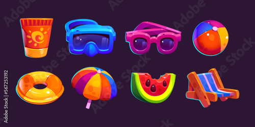 Summer game icons, cartoon vector isolated. Cute accessories for beach or pool leisure, sunscreen in tube and sunglasses, snorkel mask and chair, inflatable ring and ball, umbrella, watermelon piece
