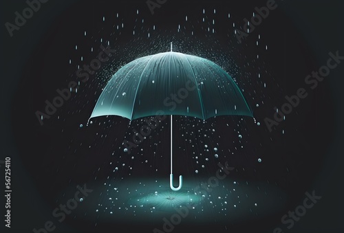 wide shot of a transparent umbrella in the rain with water drops splashing on the ground, DIGITAL ART (AI Generated)