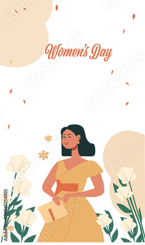 Women's Day Vertical Banner Design With Modern Young Woman Character Holding Purse On Floral Background.