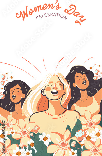 Women's Day Celebration Vertical Banner With Modern Young Women Characters Shouting On Floral Decorated Background.