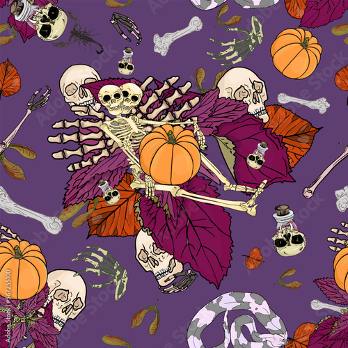 Halloween Skull vector seamless pattern with bones and pumpkins and leaf, background. Design elements for stickers, social networks. For printing packaging, cards, designers, clothes, icon, logo