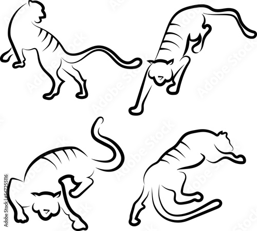Tiger on the move. Foreground. Back view. Side view. View from above. Schematically. Black outline. Logo.