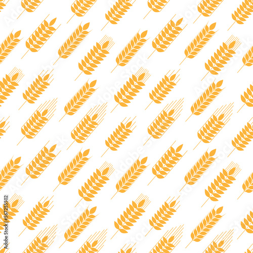 Seamless pattern of golden ripe wheat spikelets. Agricultural symbol, flour production. Vector silhouette of wheat. Illustration on a white background.