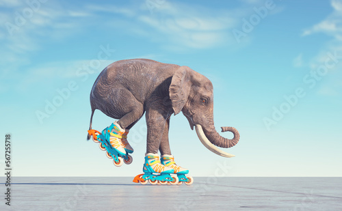 Photography Elephant goes on rollers. Impossible and happiness concept