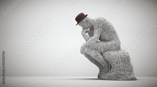Thoughtful man sitting down. Confusion and overthinking concept.