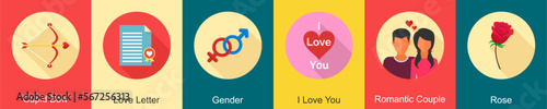 A set of 6 Valentine icons as cupid bow, love letter, gender