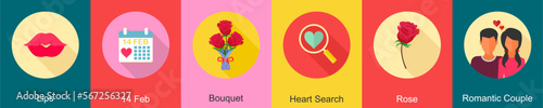 A set of 6 Valentine icons as lips, 14 feb, bouquet