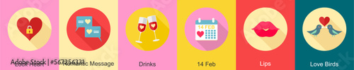 A set of 6 Valentine icons as lock heart, romantic message, 14 feb