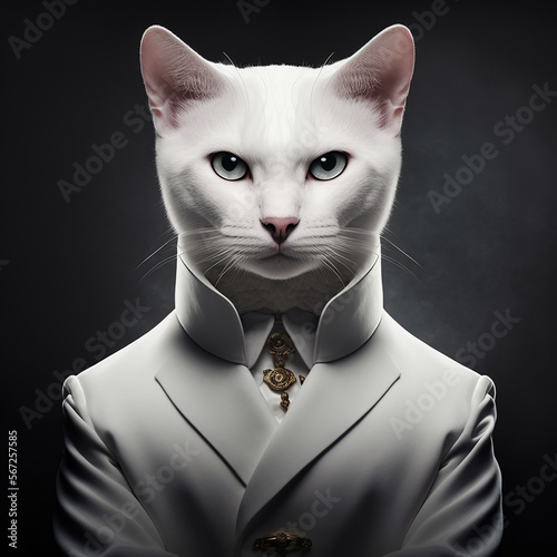 A cat in a white strict men's business suit. Generative AI. Close-up portrait.