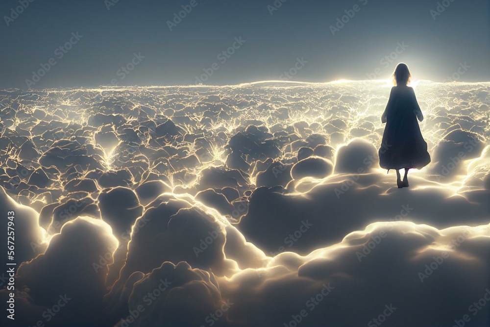 God is a woman, walking on clouds,. Female god, jesus or angel looking