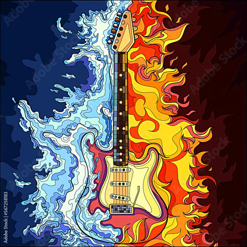 Schilderij op canvas illustration of a guitar with fire and ice