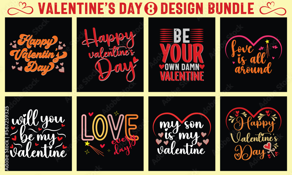 Valentines day svg t shirt bundle, a set of valentine t-shirt designs. Valentine’s day Typography t shirt, Vector, illustration 
