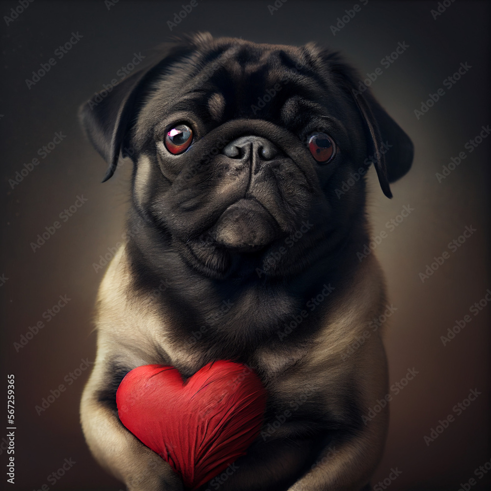 cute Animal dog holding red heart  Love and Valentine concept 