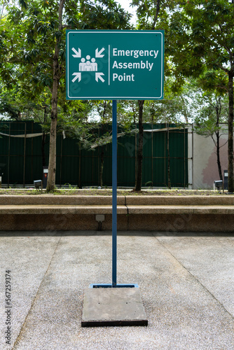 Emergency assembly point sign in the park.