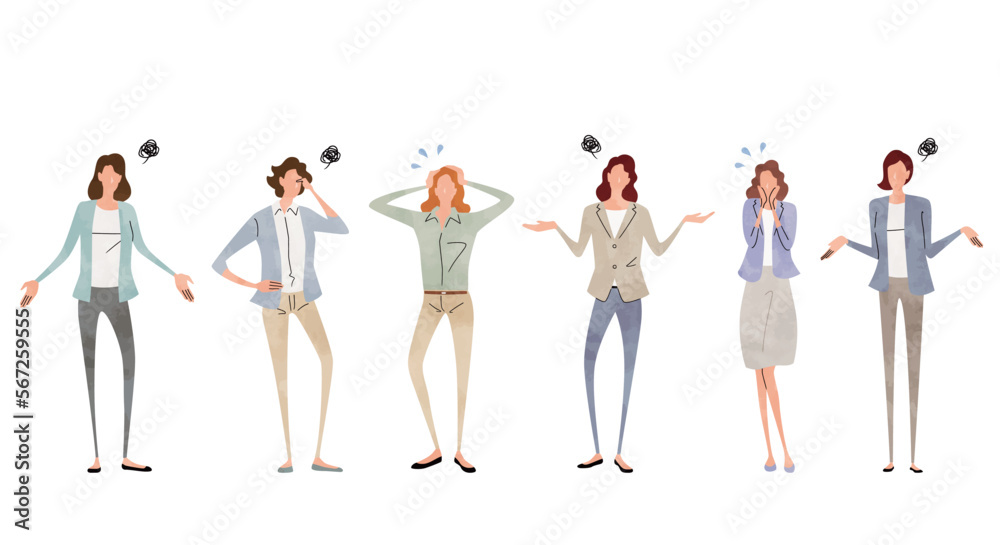 Obraz premium ベクターイラスト素材：思い悩む女性たち、困る人々、ビジネス人物セット