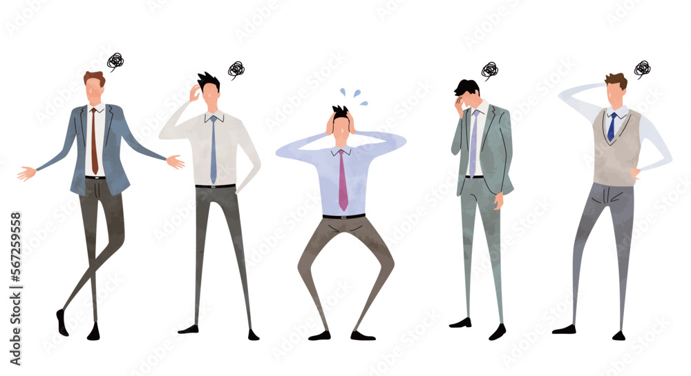 Fototapeta premium ベクターイラスト素材：思い悩む男性たち、困る人々、ビジネス人物セット 