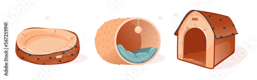 A bed for a pet. A variety of cots for cats and dogs. Vector illustration isolated on a white background.
