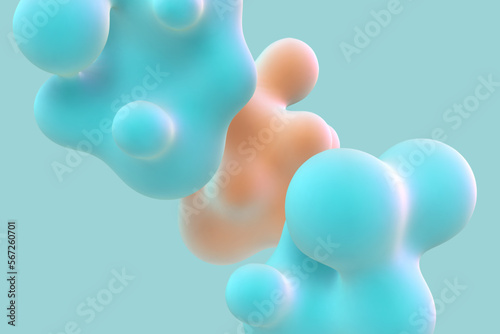 3D floating colored nanoparticles on blue background. Concept of modern organic chemistry and biological sciences. Futuristic abstract 3d shapes art background, EPS 10 vector illustration.