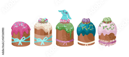 Eastern traditional orthodox easter cakes set of sweet dishes decorated with white glaze candied fruits and colorful candies isolated vector illustration