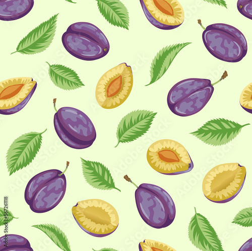 Plum seamless pattern on a light green background. Ripe plum. Summer fruit background. Great for labels, posters, print.