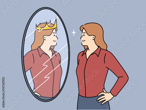 ambitious woman looks in mirror and sees own reflection with crown symbolizing success